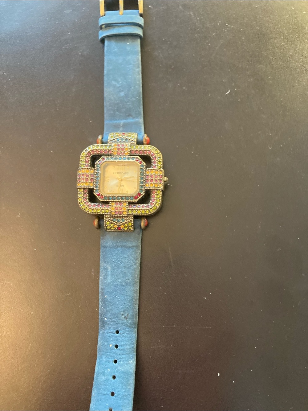 Multicolor Stone-Embellished Square Watch with Blue Strap